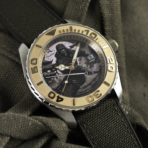Aries Gold The Mirage Ninja Series Dial Green Fabric Strap Men Watch G 8040 NIN-MIR