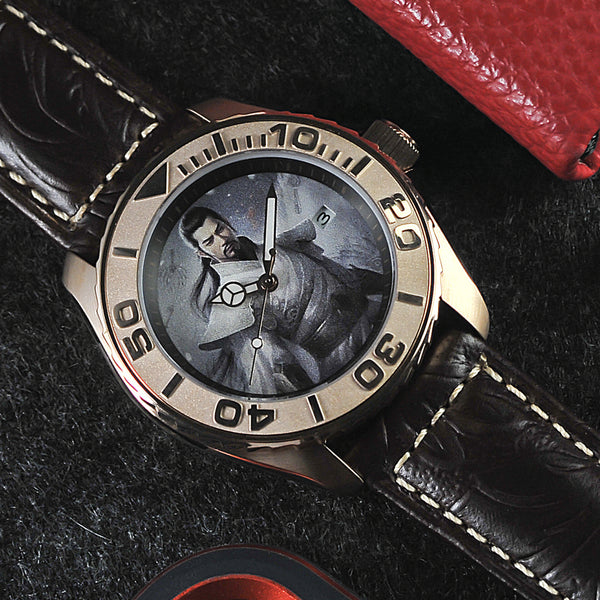 Aries Gold The Conqueror San Guo Series Black Leather Strap Men Watch G 8040 SAN-CON