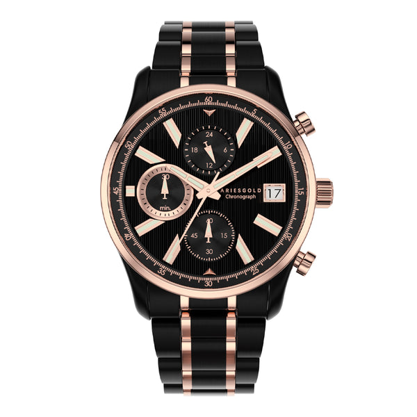 Aries Gold Champion 7020 G 7020 BKRG-BKRG Men Black Dial Chronograph VR33 42mm Black Stainless Steel Strap